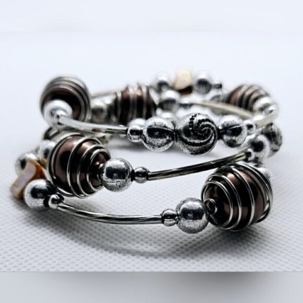 Silver Tone Spiral Wire Bracelet Copper Bead Boho Artisan Style